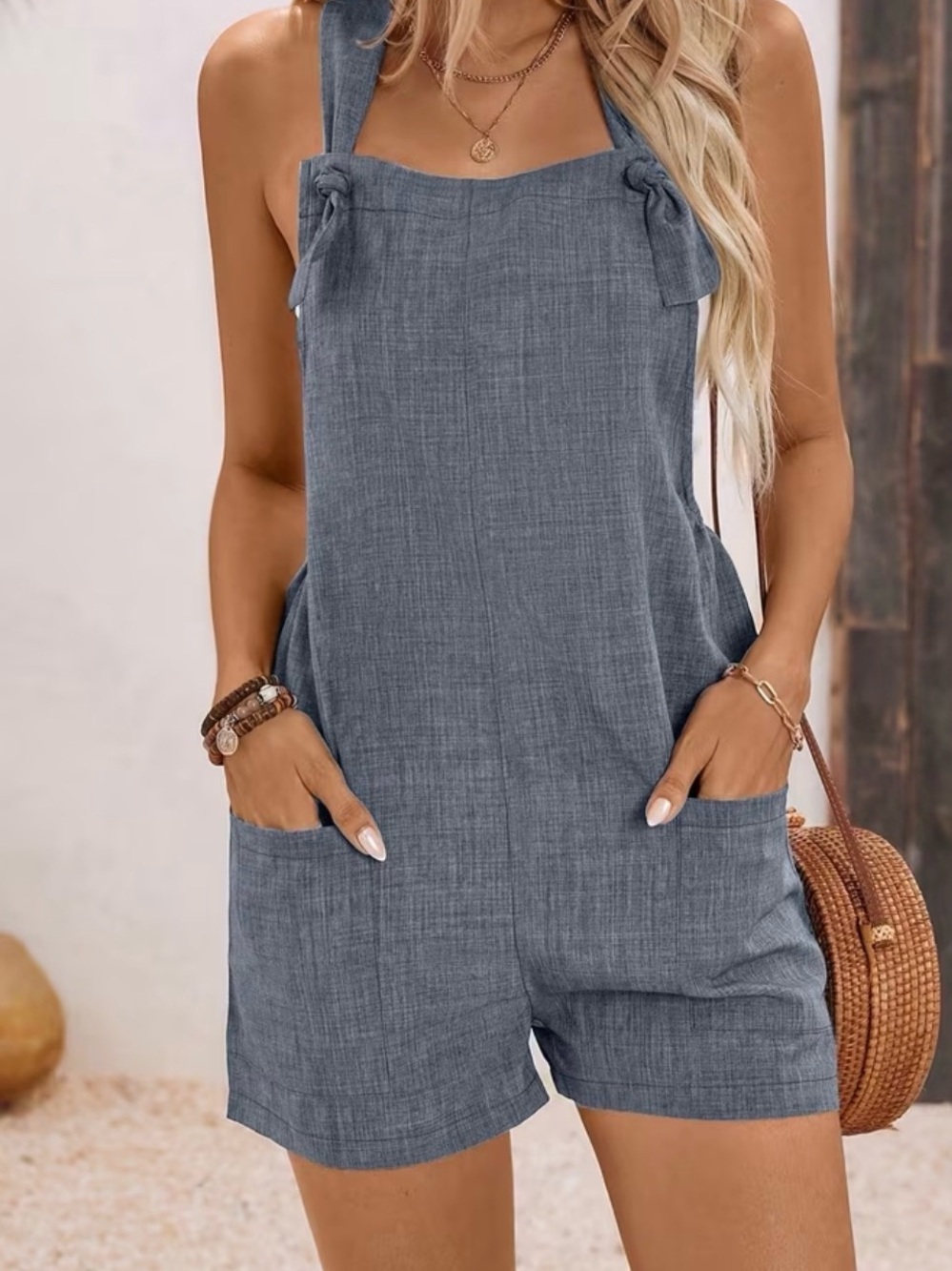Gray Tie-Shoulder Short Romper